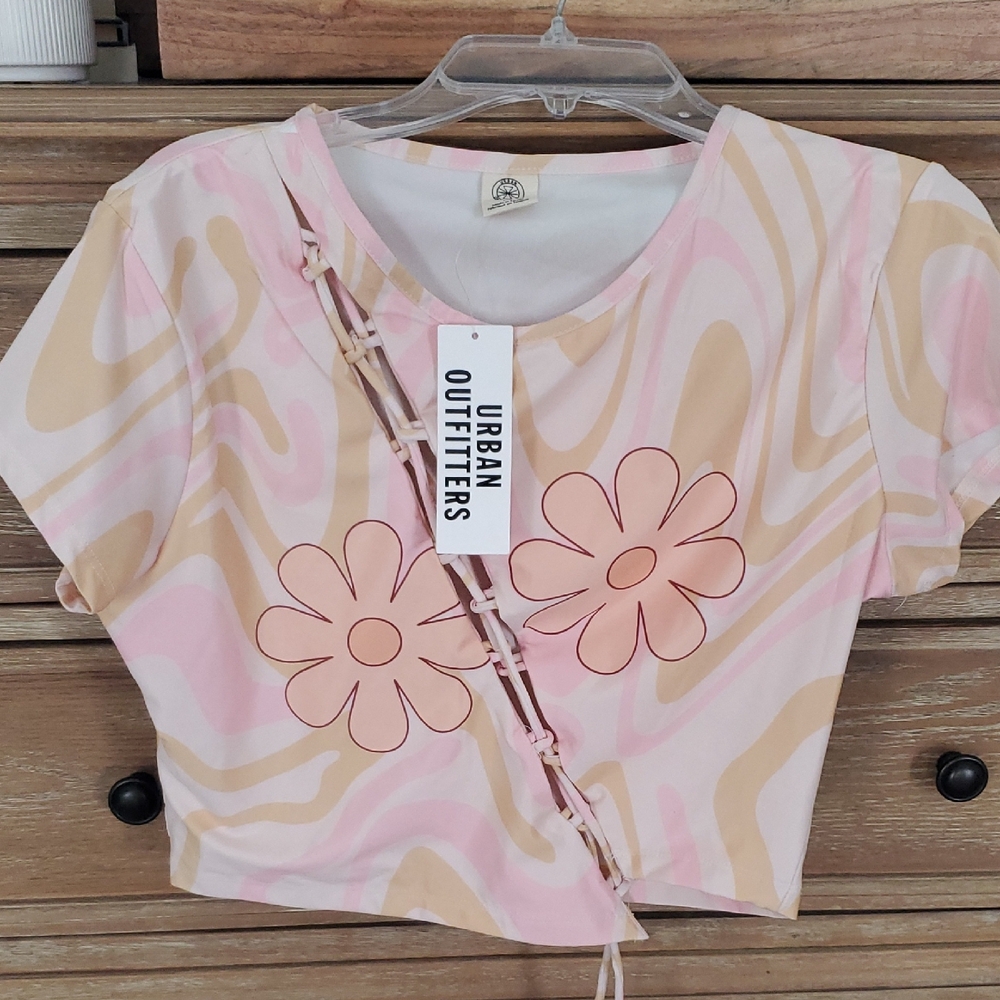 Urban Outfitters Pink and Tan Lace up Front Crop Top Size Large New